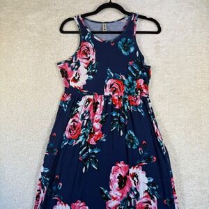 Women's Navy Blue Floral Maxi Dress Sleeveless Round Neck Summer Beach Boho